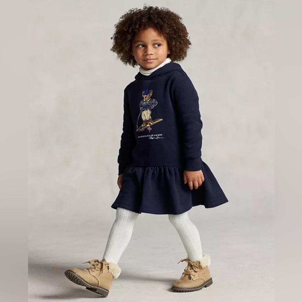 Polo Ralph Lauren Fleece Hoodie Dress Bear on Skis Sweatshirt Girls Navy 6X
